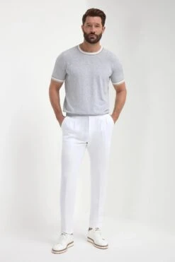 Light Grey Striped Collar Detail Knitted T-shirt - Made In Italy -Pini Parma Clothing Store light grey striped collar detail knitted t shirt 2