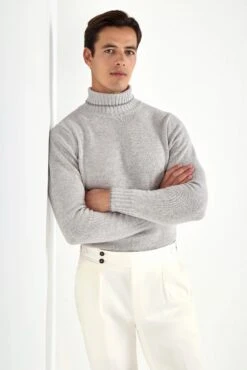 Light Grey Turtleneck With Collar Detail – Made In Italy