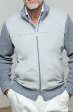 Grey And Light Grey Cardigan - Alcantara & Wool - Made In Italy