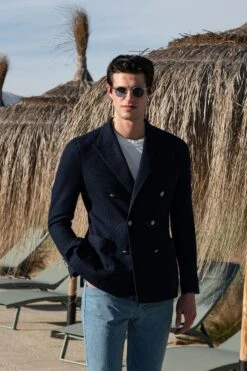 Navy Double Breasted Jersey Jacket - Made In Italy