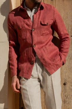 Red Herringbone Linen Safari Jacket β Made In Italy