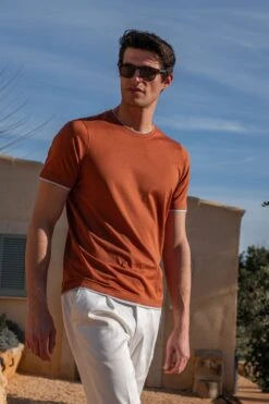 Rusty Cotton T-shirt With Collar Detail - Made In Italy