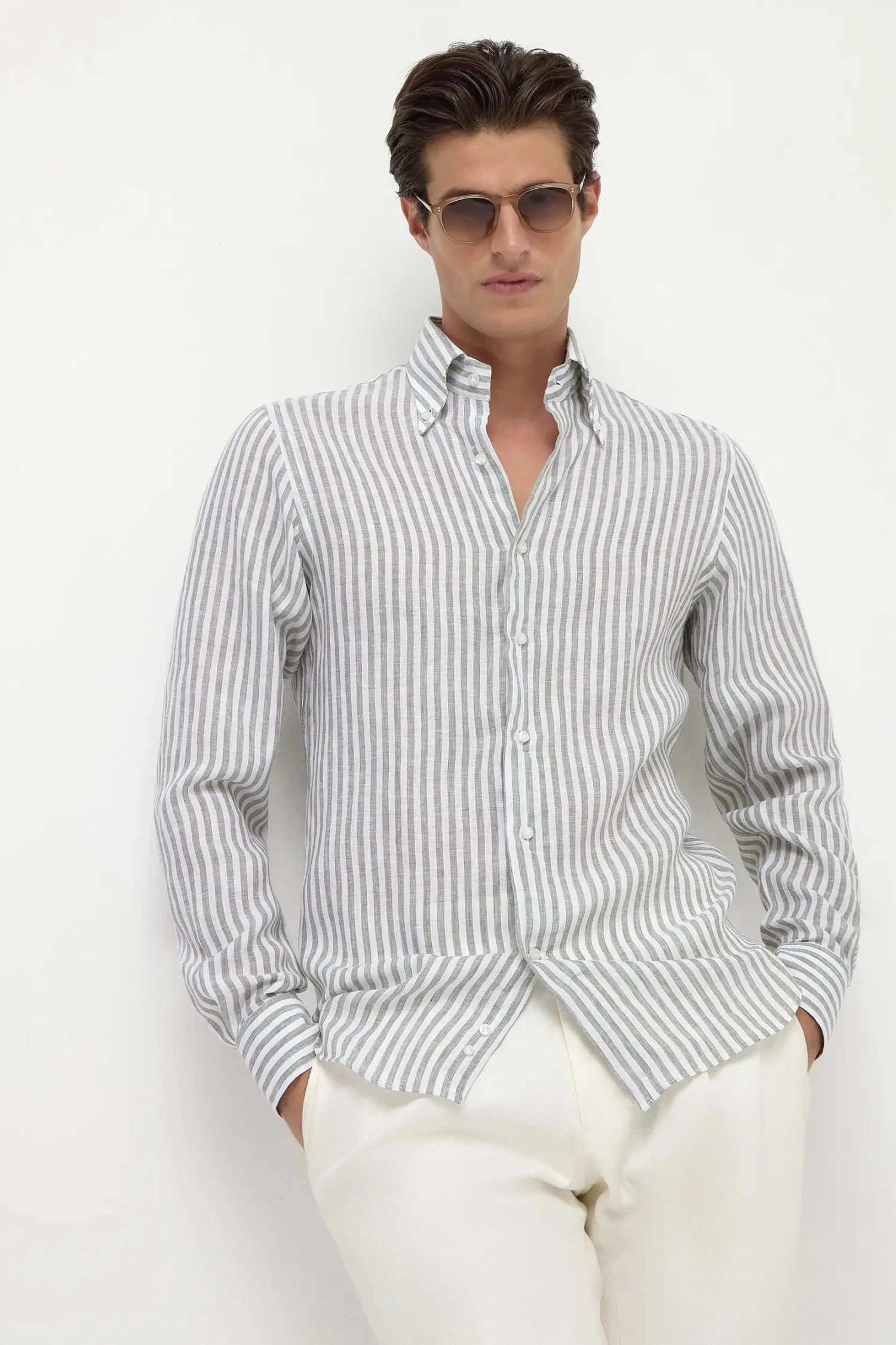 Sage Striped Linen Button Down Shirt - Made In Italy 4 Sage Striped Linen Button Down Shirt - Made In Italy - Image 2