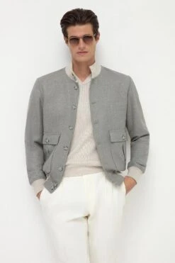 Sage Wool Silk And Linen Bomber - Made In Italy