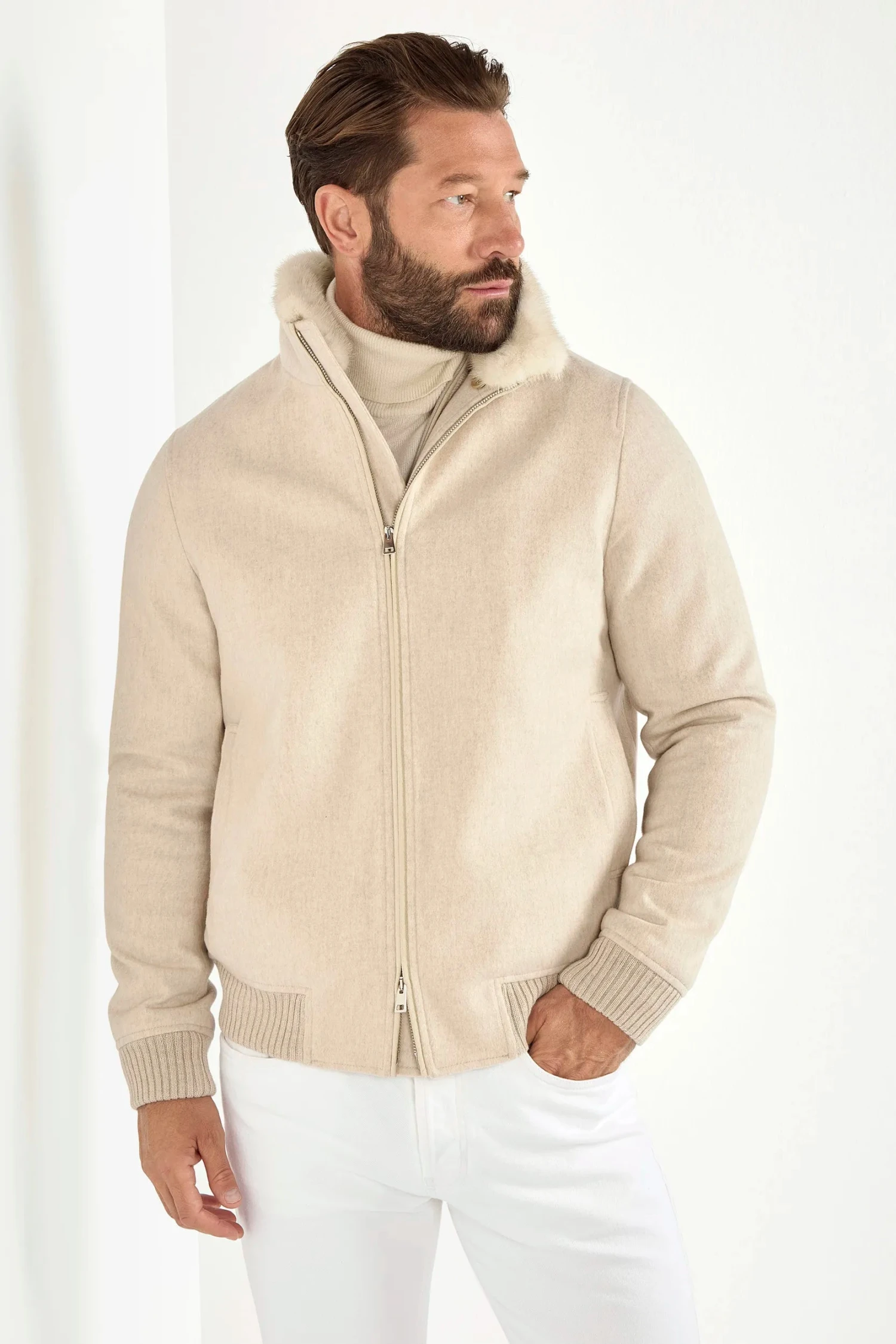 Sand Bomber With Removable Mink Collar – Made In Italy 4 Sand Bomber With Removable Mink Collar – Made In Italy - Image 2