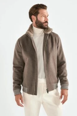 Taupe Bomber With Removable Mink Collar – Made In Italy