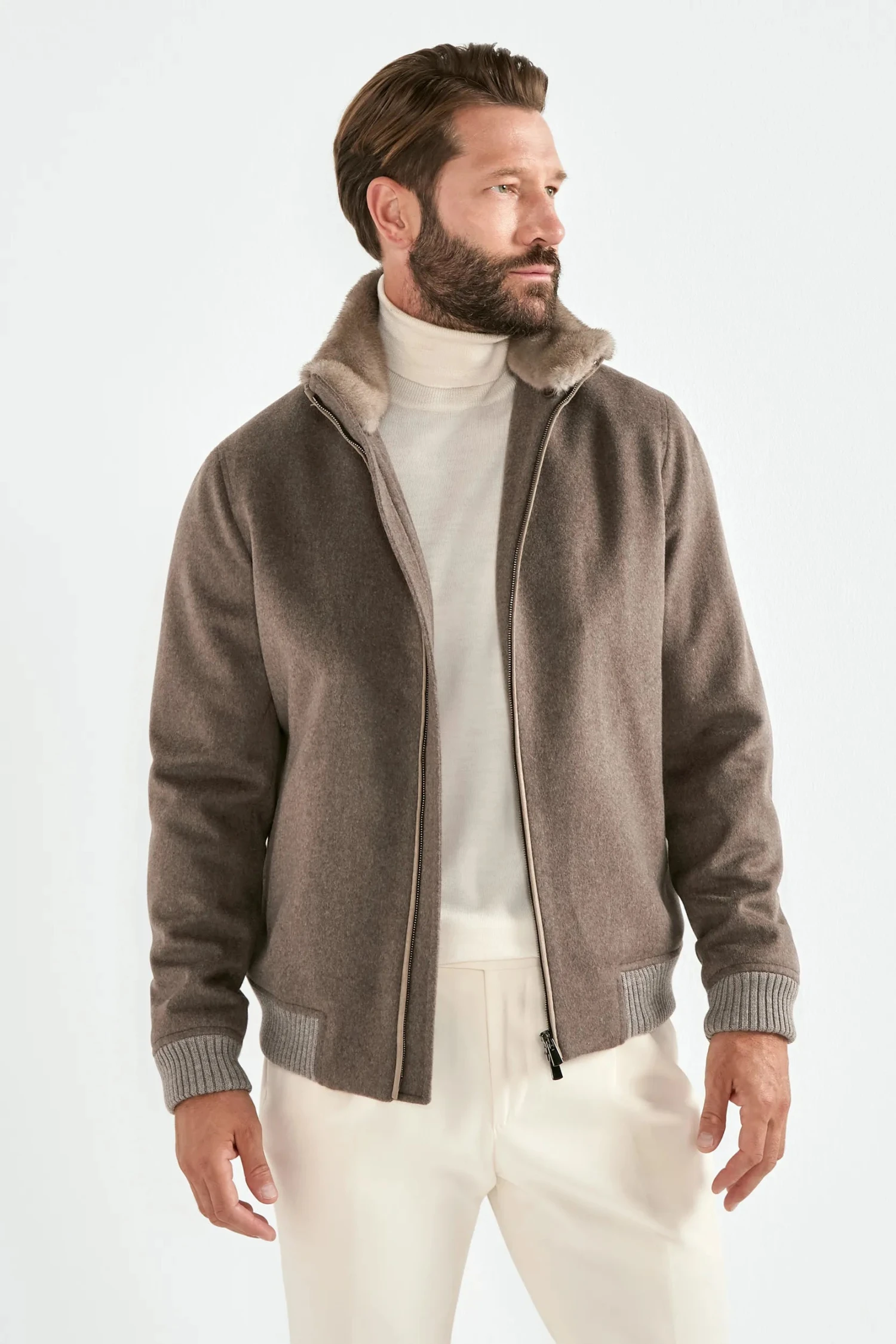 Taupe Bomber With Removable Mink Collar – Made In Italy 3 Taupe Bomber With Removable Mink Collar – Made In Italy