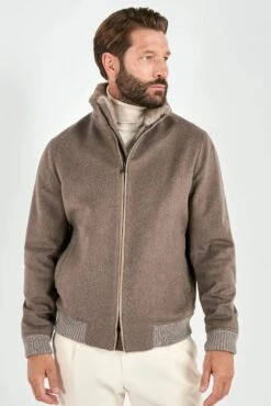 Taupe Bomber With Removable Mink Collar – Made In Italy 9 Taupe Bomber With Removable Mink Collar – Made In Italy -Pini Parma Clothing Store taupe bomber loro piana wool mink collar 2