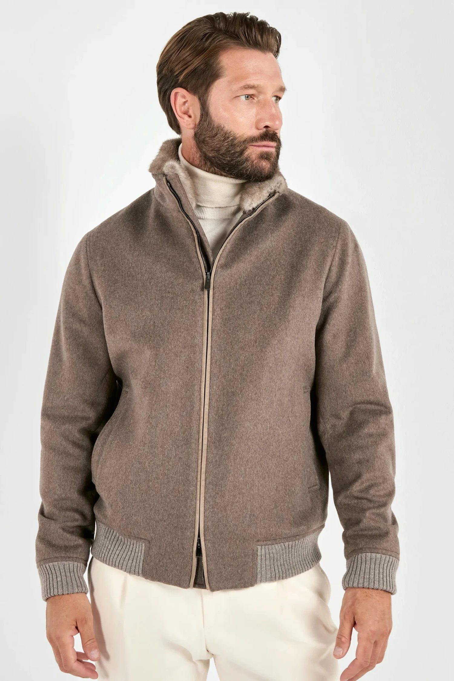 Taupe Bomber With Removable Mink Collar – Made In Italy 5 Taupe Bomber With Removable Mink Collar – Made In Italy - Image 3