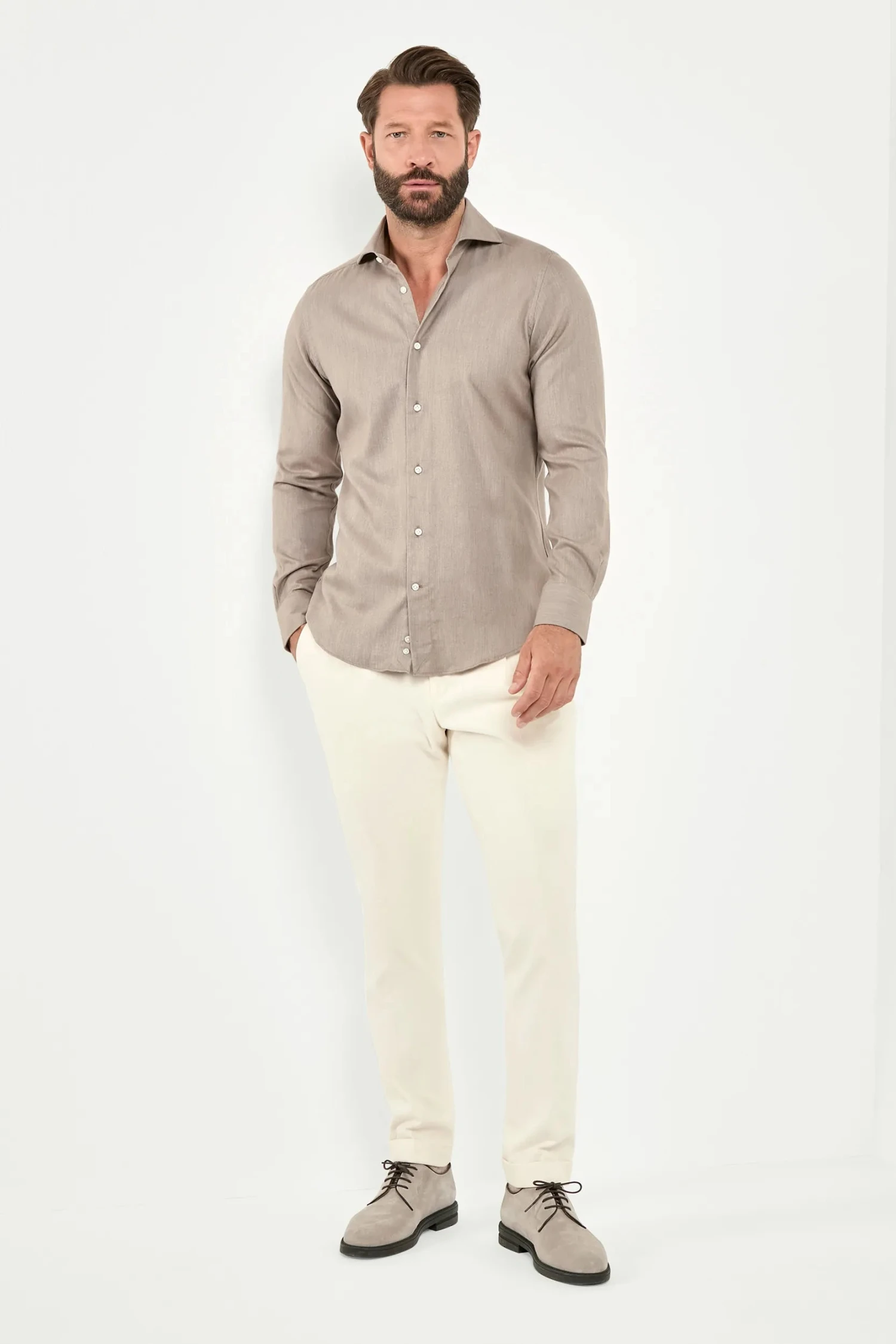 Taupe Cotton And Tencel™ Shirt - Made In Italy 5 Taupe Cotton And Tencel™ Shirt - Made In Italy - Image 3