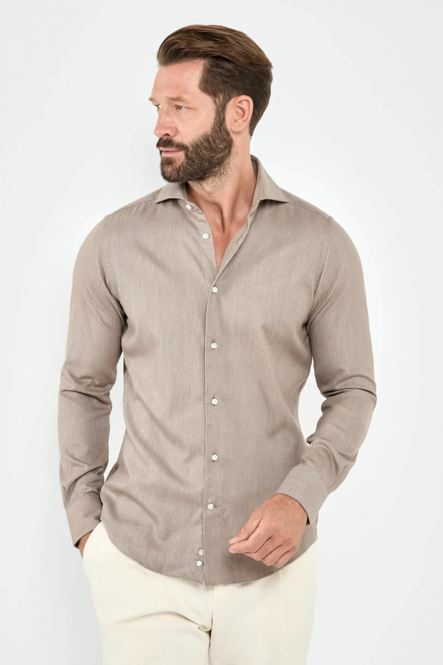 Taupe Cotton And Tencel™ Shirt - Made In Italy 3 Taupe Cotton And Tencel™ Shirt - Made In Italy