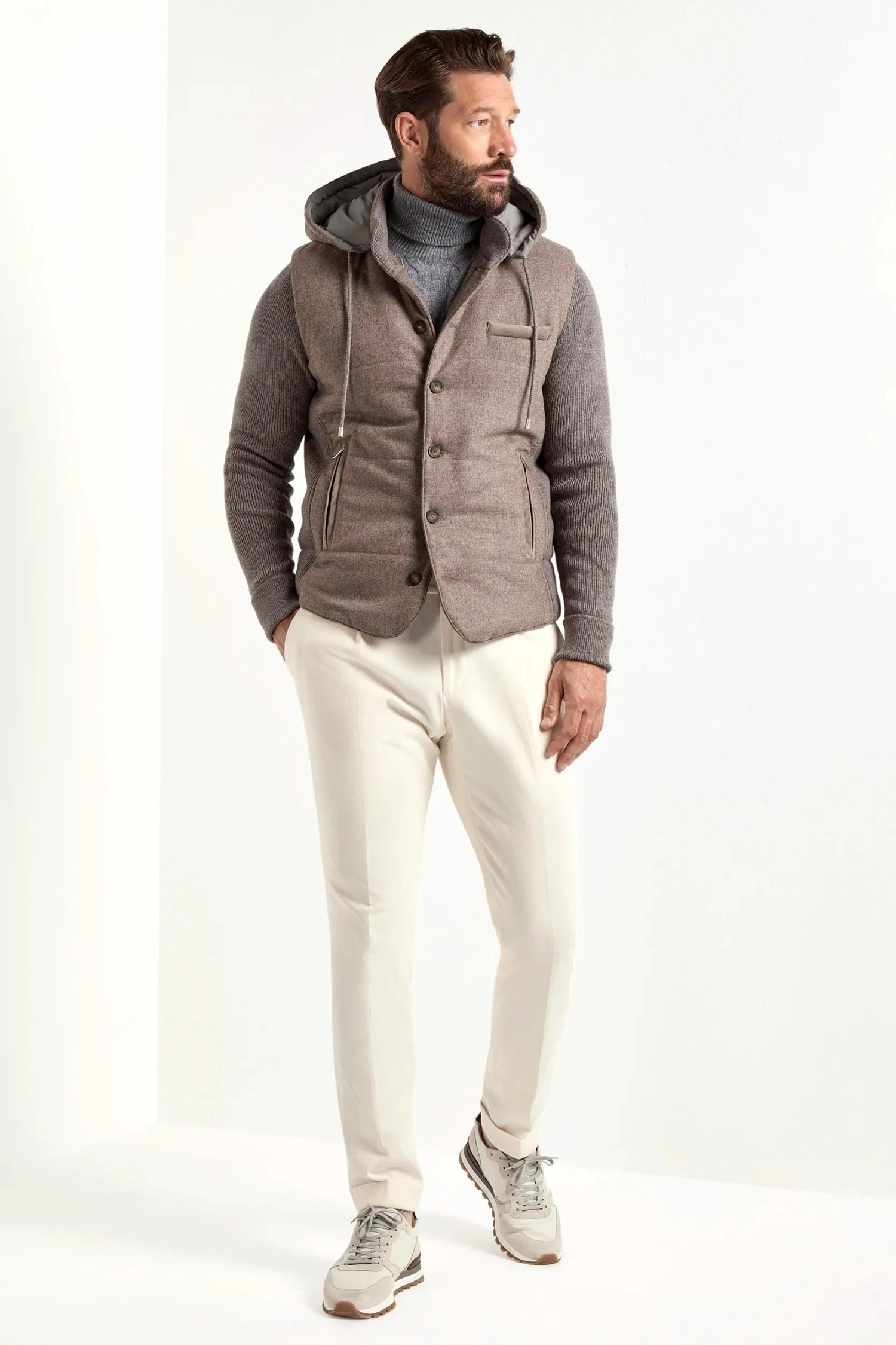 Taupe Flannel And Knit Hooded Jacket - Made In Italy 5 Taupe Flannel And Knit Hooded Jacket - Made In Italy - Image 3