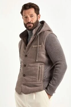 Taupe Flannel And Knit Hooded Jacket - Made In Italy 10 Taupe Flannel And Knit Hooded Jacket - Made In Italy -Pini Parma Clothing Store taupe flannel knit hooded jacket 3