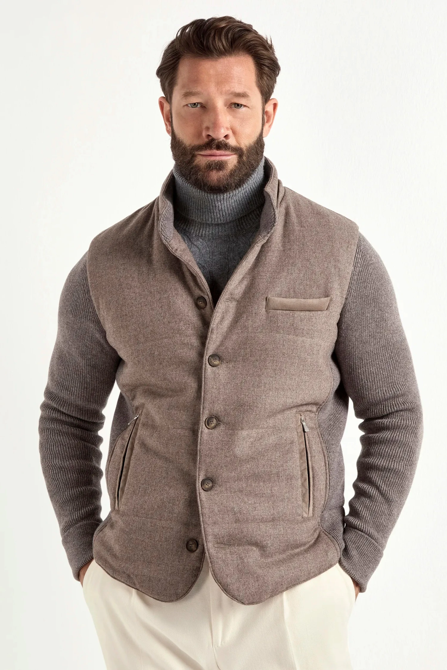 Taupe Flannel And Knit Hooded Jacket - Made In Italy 3 Taupe Flannel And Knit Hooded Jacket - Made In Italy