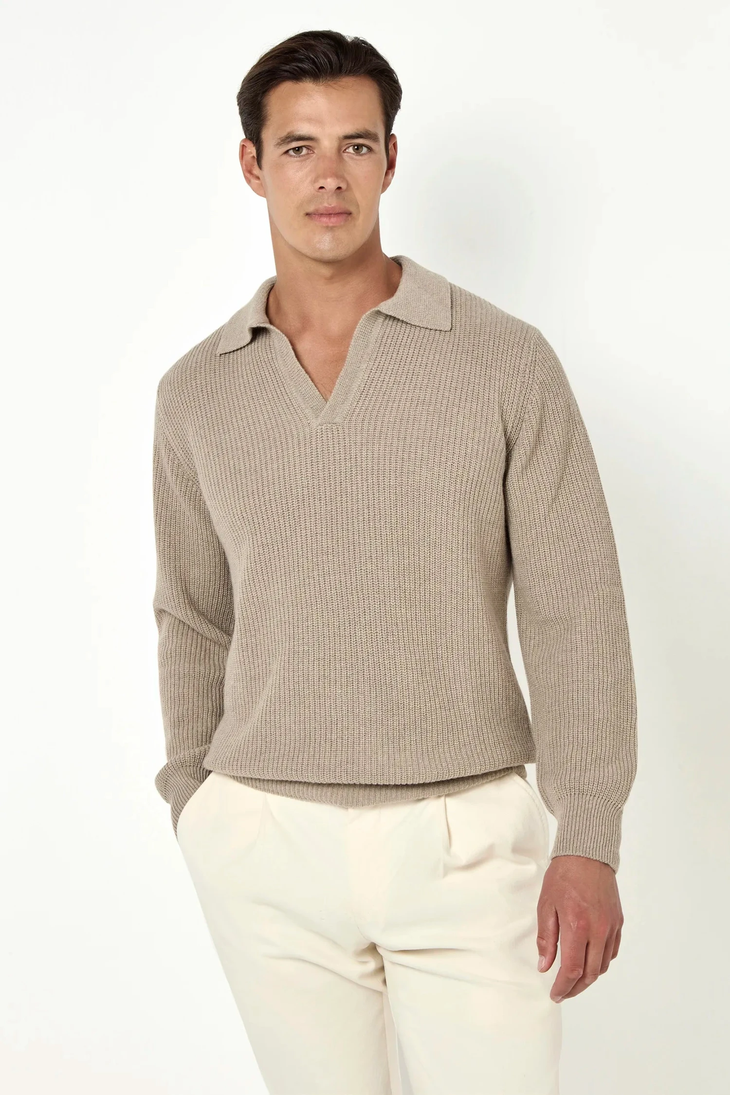 Taupe Ribbed Cashmere Blend Polo – Made In Italy 5 Taupe Ribbed Cashmere Blend Polo – Made In Italy - Image 3