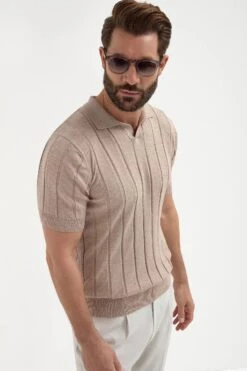 Taupe Ribbed Polo - Made In Italy
